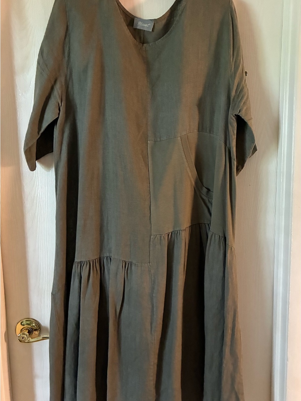 Linen Blend Olive Green Tiered Pocket Dress